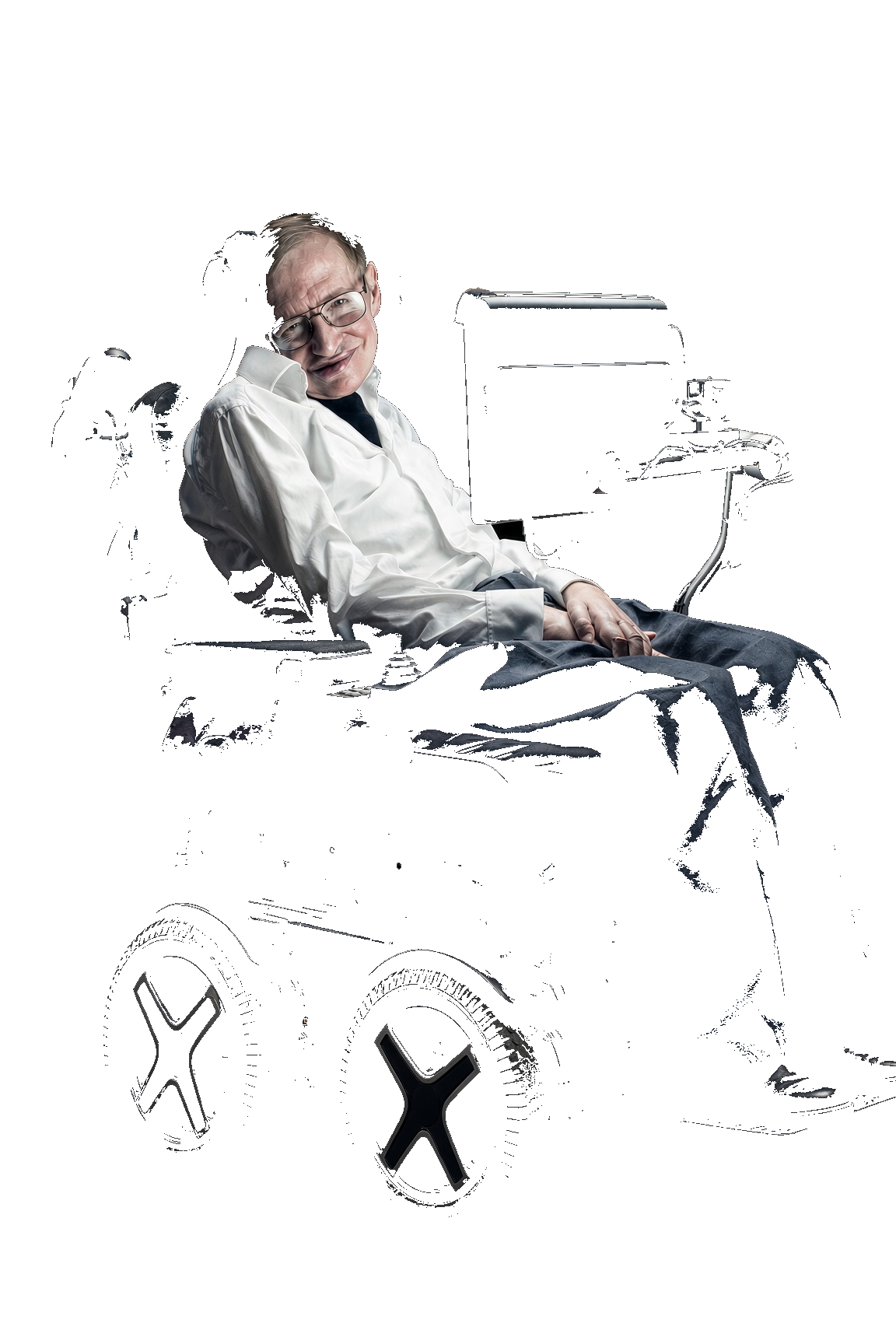 Stephen Hawking seated in his motorized wheelchair with a speech computer